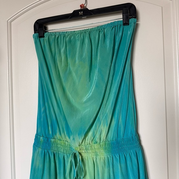 Gypsy 05 Turqoise/Green watercolor Strapless mini Dress charm on drawstring boho - Picture 2 of 11